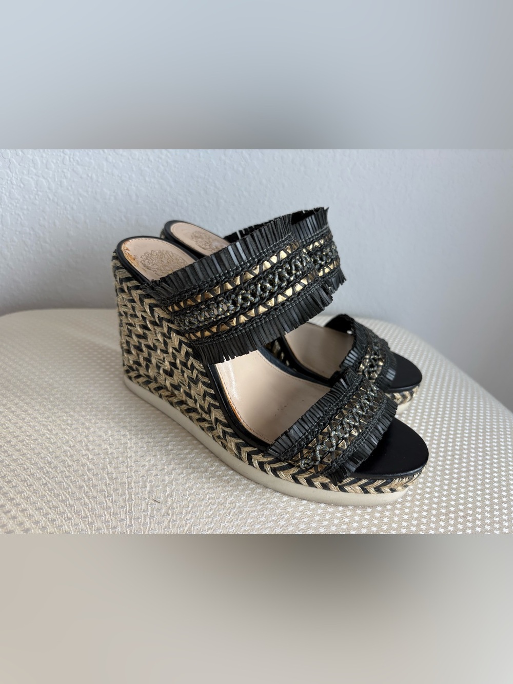Vince Camuto Black and Gold Woven Espadrille Wedge Sandals